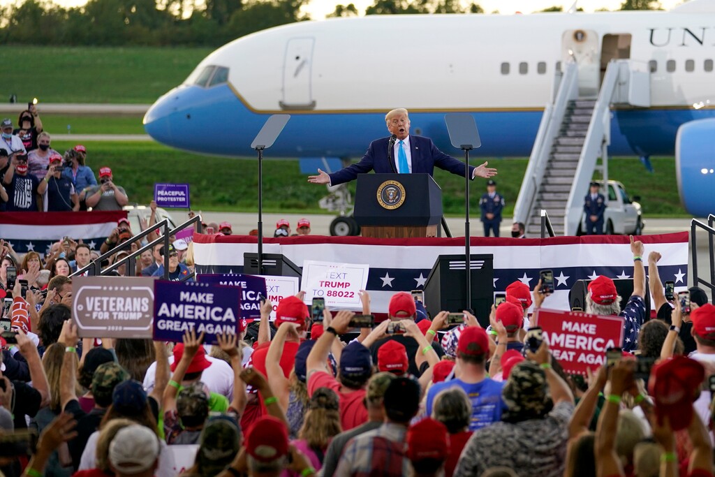 (Keith Srakocic | AP file photo) President Donald Trump addresses the crowd at a campaign event at the Arnold Palmer Regional Airport, Thursday, Sept. 3, 2020, in Latrobe, Pa.