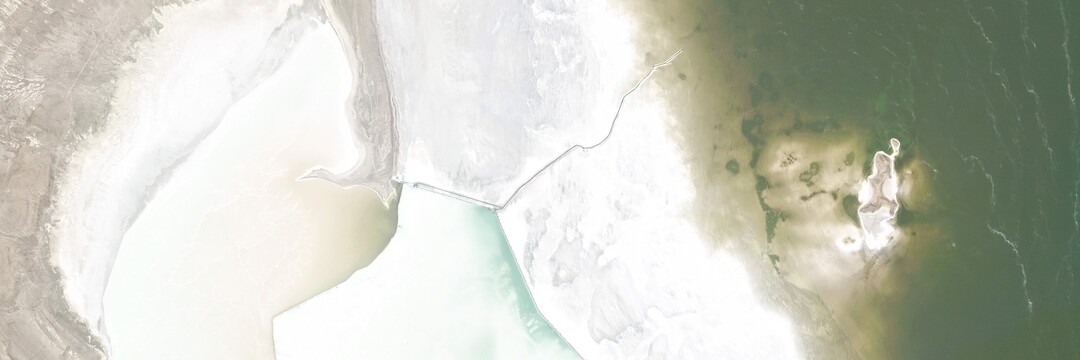 (Planet) A satellite image of Gunnison Island, in the north arm of the Great Salt Lake, on June 5, 2014.