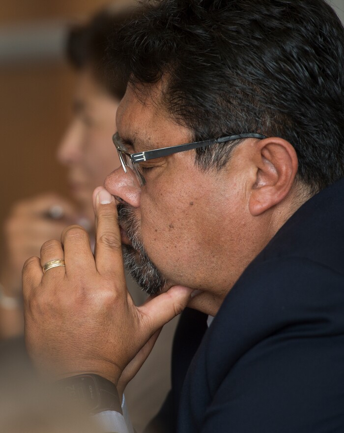(Leah Hogsten  |  The Salt Lake Tribune)  Navajo Nation Human Rights Commission Executive Director Leonard Gorman listens to the opinions of fellow Navajo Nation members regarding newly drawn redistricting proposals for San Juan County at hearings in Monticello and Bluff, November 16, 2017.  The redistricting proposals would redraw voting districts to ensure significant American Indian majorities in two of three County Commission districts and on four of five school board voting districts as the result of a January 2012 lawsuit filed in U.S. District Court by the Navajo Nation. The lawsuit seeks the redrawing of voting districts to reflect the 2010 U.S. Census. Last year, U. S. District Court Judge Robert Shelby ruled the voting districts in the sprawling southeastern Utah county, which today is home to 16,895 residents, are unconstitutional and violate the rights of American Indians. He ordered the county to redraw them.
