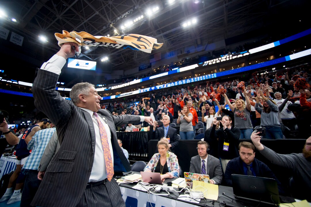 (Leah Hogsten  | The Salt Lake Tribune)  Auburn Tigers head coach Bruce Pearl celebrates with fans after his team beat Kansas in the second round of the NCAA tournament in Salt Lake City on Saturday, March 23, 2019.