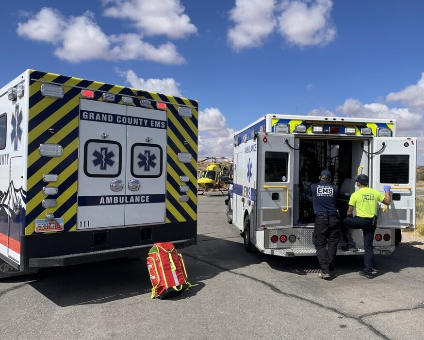 (Grand County EMS) Grand County Emergency Medical Services crews respond to a cardiac arrest on the Mesa Arch Trail on Aug. 27, 2025.