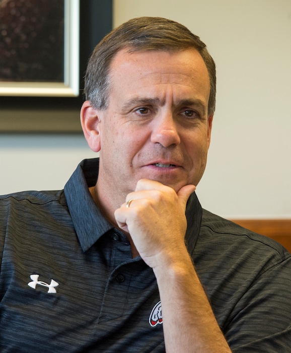 (Rick Egan  |  The Salt Lake Tribune)    Mark Harlan talks about his first week on the job as Athletic Director at the University of Utah in his new office at the Huntsman Center, Friday, June 29, 2018.