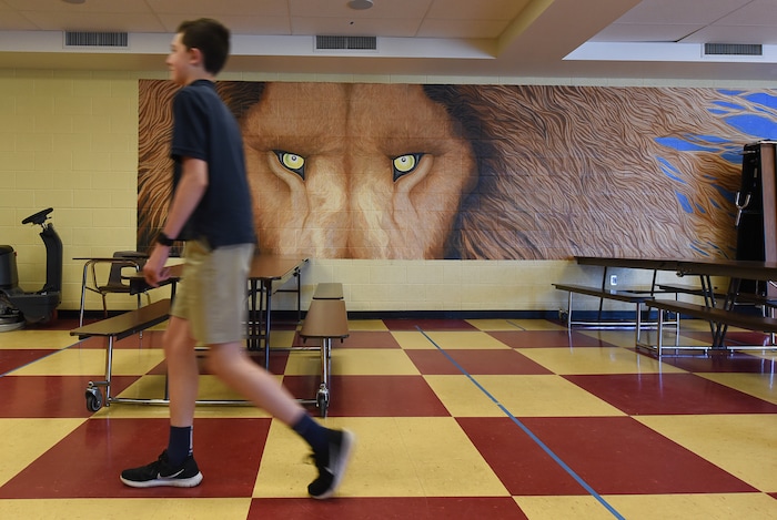 (Francisco Kjolseth  |  The Salt Lake Tribune)  For the second consecutive year, Lindon charter school Karl G. Maeser Preparatory Academy was named Utah's best high school by U.S. News and World Report, as a student walks by the school mascot on Tuesday, May 8, 2018. 