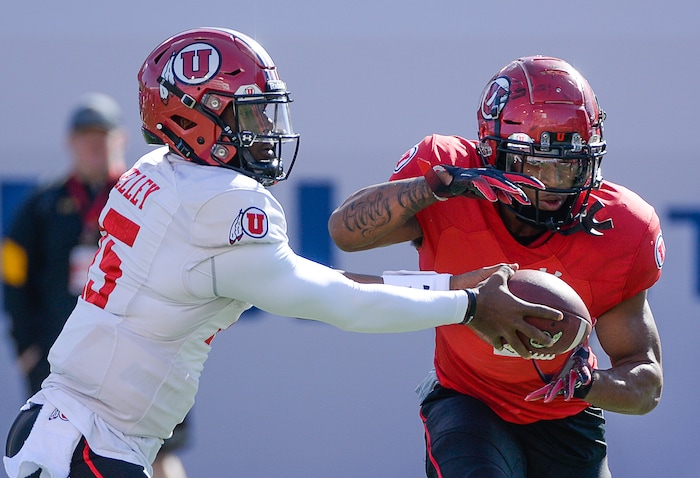 (Francisco Kjolseth  |  The Salt Lake Tribune)  Quarterback Jason Shelley, #15, passes off to TJ Green, #4, as the Utah Utes hold their Spring scrimmage at Rice Eccles stadium on Saturday, March 30, 2019.