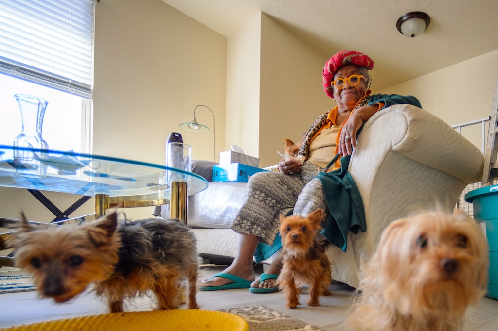 (Trent Nelson  |  The Salt Lake Tribune) The Rev. Nurjhan Govan at her Taylorsville home on Wednesday, Jan. 6, 2021. The retired pastor has four of her dogs back after they were removed by Salt Lake County Animal Services.