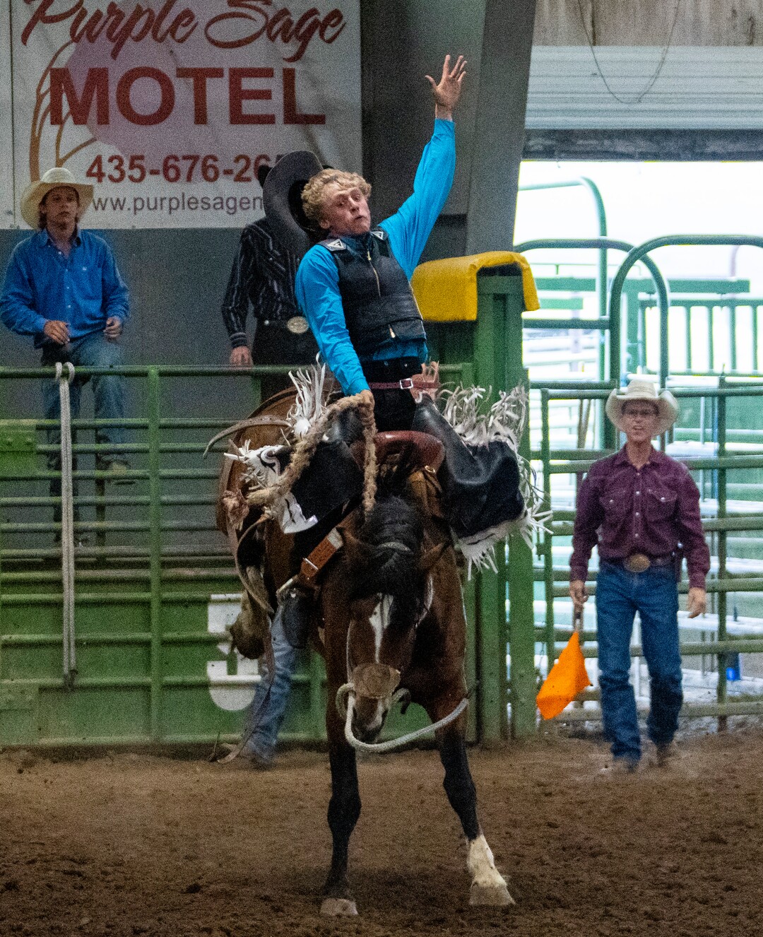 (Rick Egan | The Salt Lake Tribune) 
Jake Marshall competes in the saddle bronc competition in the Panguitch Invitation Rodeo, on Saturday, July 23, 2022.