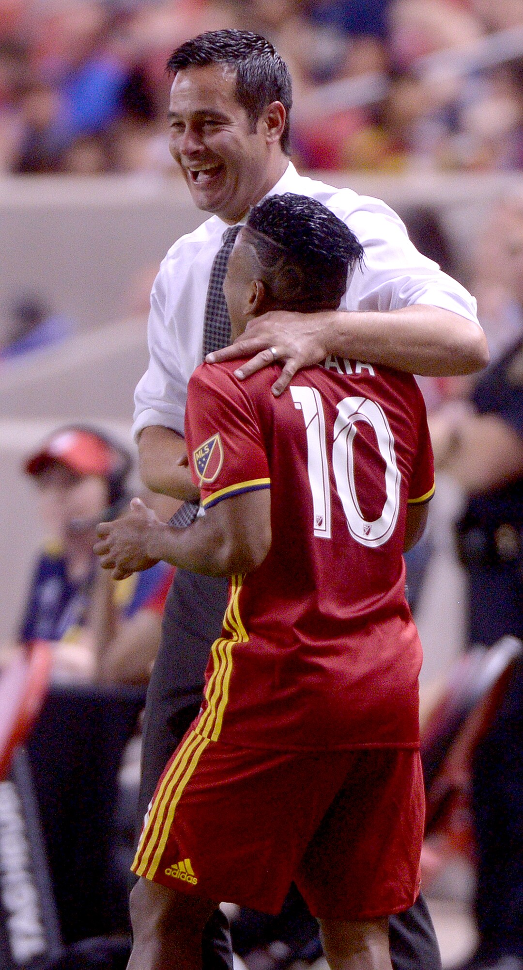 (Leah Hogsten  |  The Salt Lake Tribune) Real Salt Lake head coach Mike Petke celebrates the win with Real Salt Lake forward Joao Plata (10). Real Salt Lake defeated the Colorado Rapids 4-1 for the Rocky Mountain Cup at Rio Tinto Stadium, Saturday, August 26, 2017. 