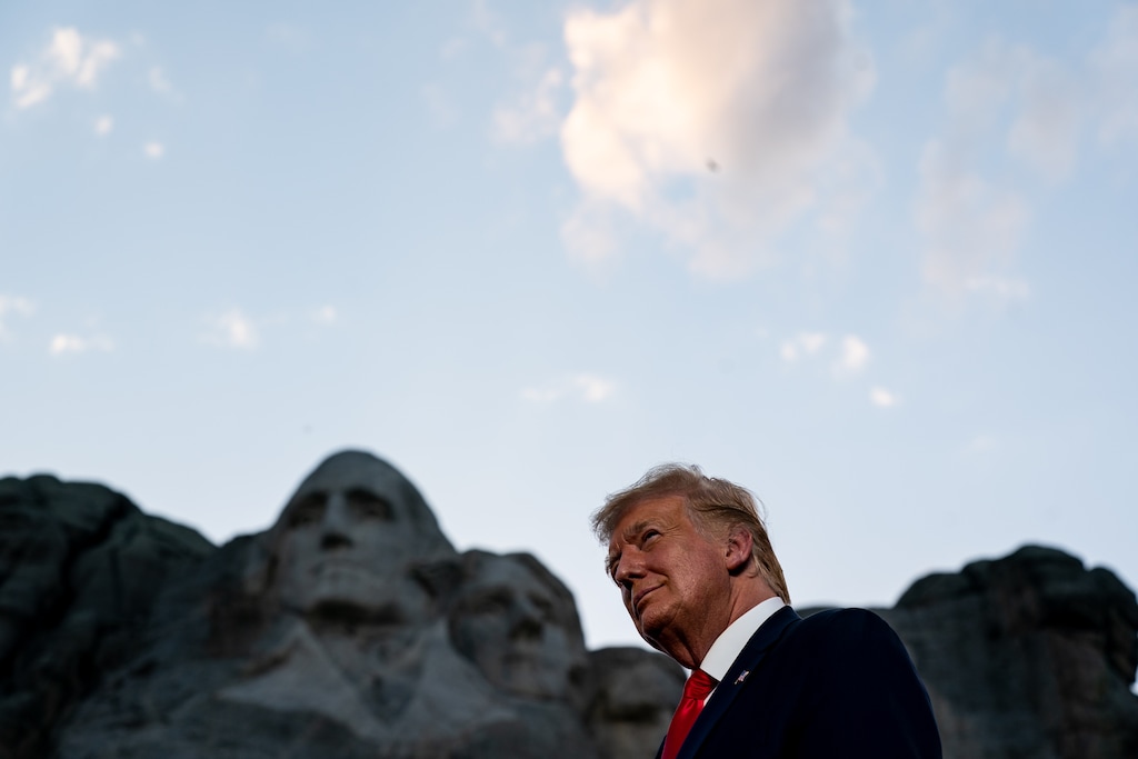 (Anna Moneymaker | New York Times file photo) President Donald Trump watches a military plane flyover at Mount Rushmore in Keystone, S.D., July 3, 2020. "For Trump, the truth about patriarchal white supremacy defiles the American heroes who practiced it," writes New York Times columnist Charles M. Blow.