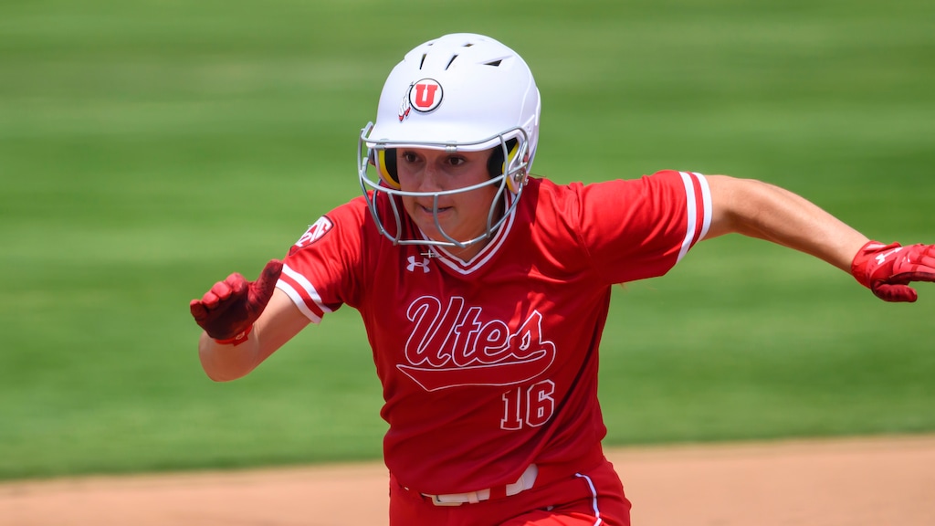 Utah outfielder Abby Dayton, shown running the bases during a game last season, scored the Utes' only run in their 5-1 loss to South Carolina on Sunday in Durham, N.C. (AP Photo/Tyler Tate)