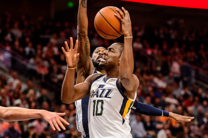 (Trent Nelson | The Salt Lake Tribune)  Utah Jazz guard Alec Burks (10) shoots as the Utah Jazz host the Denver Nuggets, NBA basketball in Salt Lake City, Wednesday October 18, 2017.