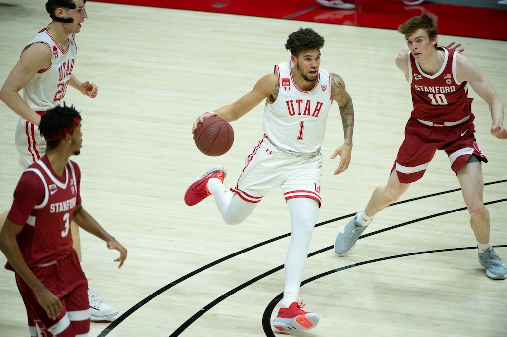 (Francisco Kjolseth  | The Salt Lake Tribune) Utah Utes forward Timmy Allen (1) makes his was down the court as the Utes host the Stanford Cardinals on Thursday, Jan. 14, 2021 at the Jon M. Huntsman Center in Salt Lake City.