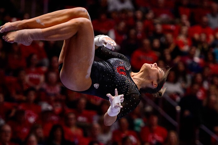 (Trent Nelson  |  The Salt Lake Tribune) Missy Reinstadtler on the bars as the University of Utah hosts Arizona State, NCAA gymnastics in Salt Lake City on Friday, Jan. 24, 2020.