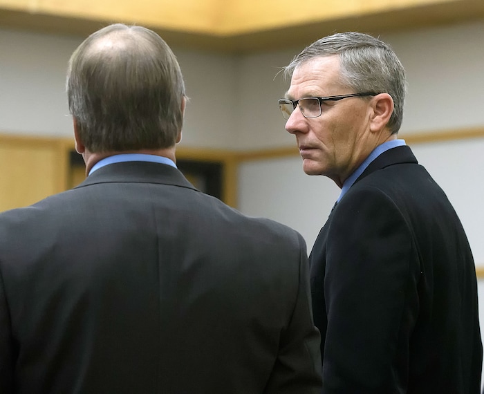(Eli Lucero  |  Pool Photo)  Defense attorney Shannon Demler, left, speaks with prosecuting attorney James Swink during Jayzon Decker's sentencing hearing for attempted aggravated murder and obstructing justice, Wednesday, Feb. 7, 2018, in Logan, Utah. Decker received a sentence of 15 years to life for planning and being present at the shooting of Deserae Turner in February 2017, and leaving her for dead in a dry irrigation canal in Smithfield, Utah.