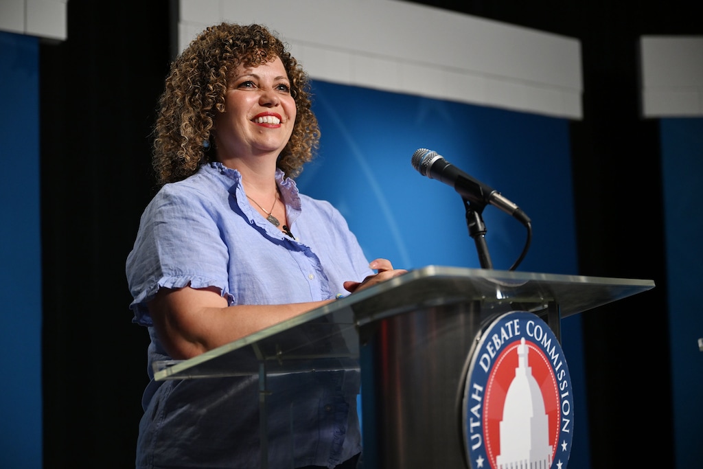 (Scott G Winterton | Pool) Rep. Celeste Maloy following a 2nd Congressional District debate in Salt Lake City on Monday, June 10, 2024.
