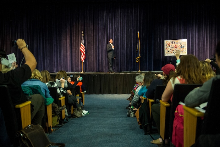Chris Detrick  |  The Salt Lake Tribune
U.S. Rep. Jason Chaffetz, R-Utah, speaks during the town-hall meeting in Brighton High School Thursday February 9, 2017. 
