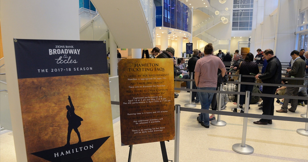 (Al Hartmann  |  The Salt Lake Tribune) 	About 150 people wait in the lobby of the Eccles Theater at 7:30 a.m. Feb. 9 to buy tickets for the upcoming production of "Hamilton".  