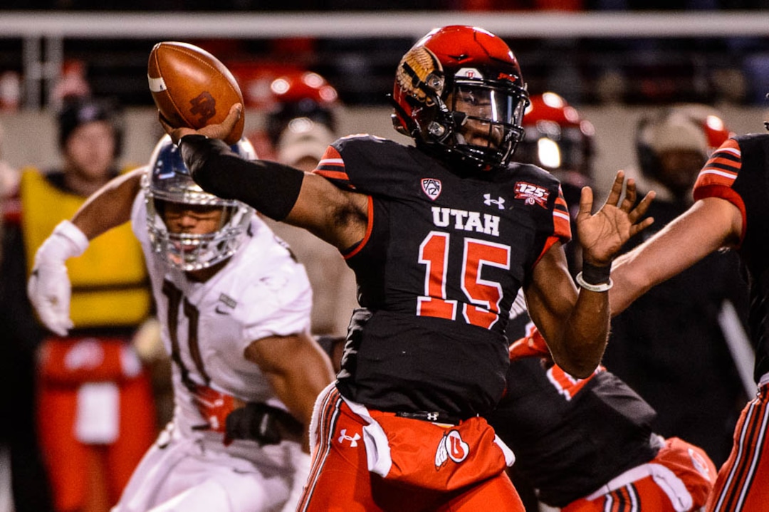 (Trent Nelson | The Salt Lake Tribune)  Utah Utes quarterback Jason Shelley (15). Utah Utes host the Oregon Ducks, NCAA football at Rice-Eccles Stadium in Salt Lake City on Saturday Nov. 10, 2018.