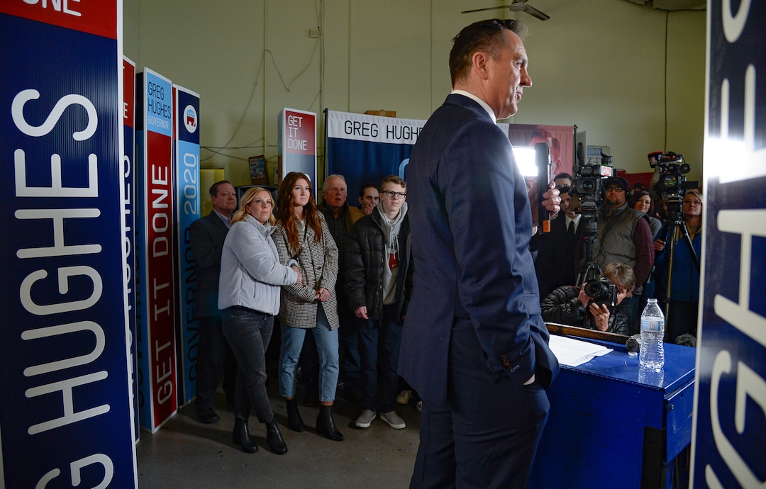 (Francisco Kjolseth | The Salt Lake Tribune) Surrounded by friends, family and supporters, former House Speaker Greg Hughes announces his campaign for governor at Dee's Automotive in Murray on Wednesday, Jan. 8, 2020.