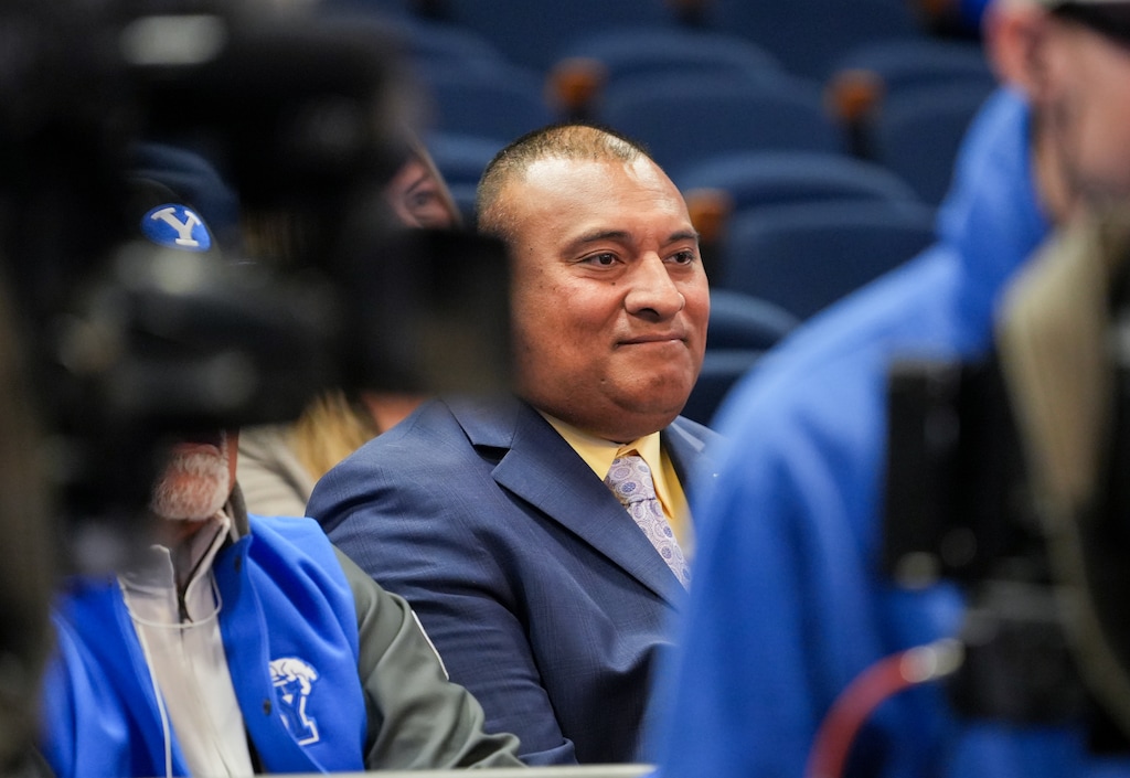 (Chris Samuels | The Salt Lake Tribune) BYU football head coach Kalani Sitake listens to a news conference in Provo, Wednesday, Feb. 12, 2025.