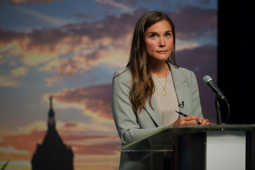 (Trent Nelson | The Salt Lake Tribune) Salt Lake City Mayor Erin Mendenhall speaks during a debate with Michael Valentine and former Mayor Rocky Anderson on Wednesday, Oct. 4, 2023.