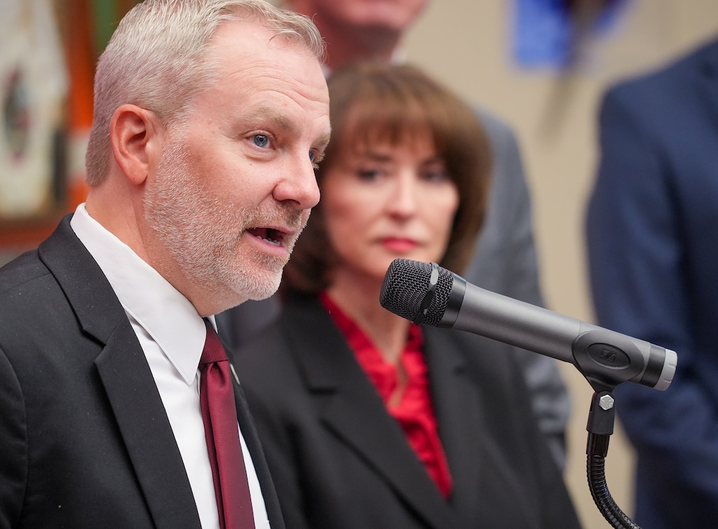 (Chris Samuels | The Salt Lake Tribune) Sen. Lincoln Fillmore, R-South Jordan, makes remarks at Granger High School in West Valley City, Monday, Aug. 26, 2024. Utah legislators and the Policy Project announced a proposed bill to limit cellphone use in Utah schools.