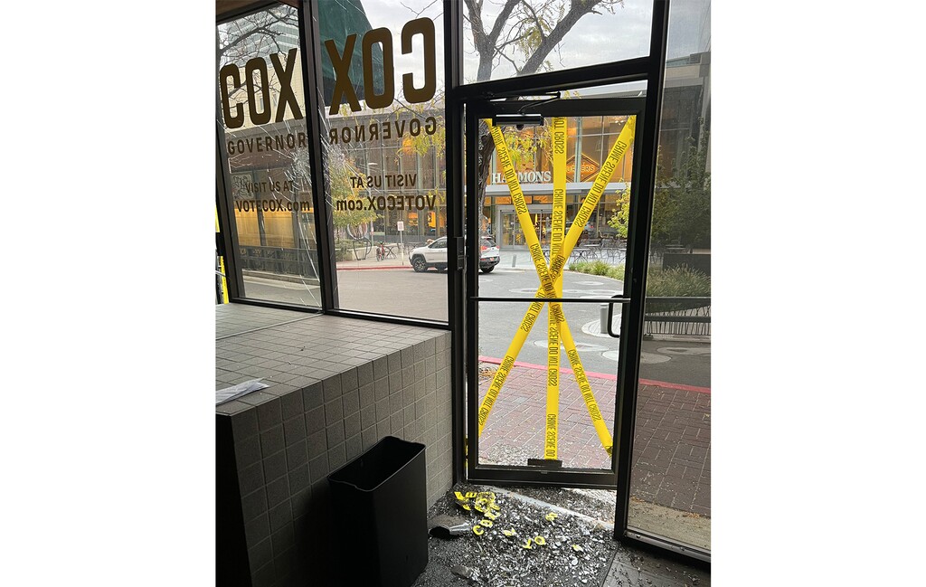 (Spencer Cox via X) Gov. Spencer Cox posted images from his gubernatorial campaign headquarters showing vandalism and damage on Monday, Nov. 6, 2023.