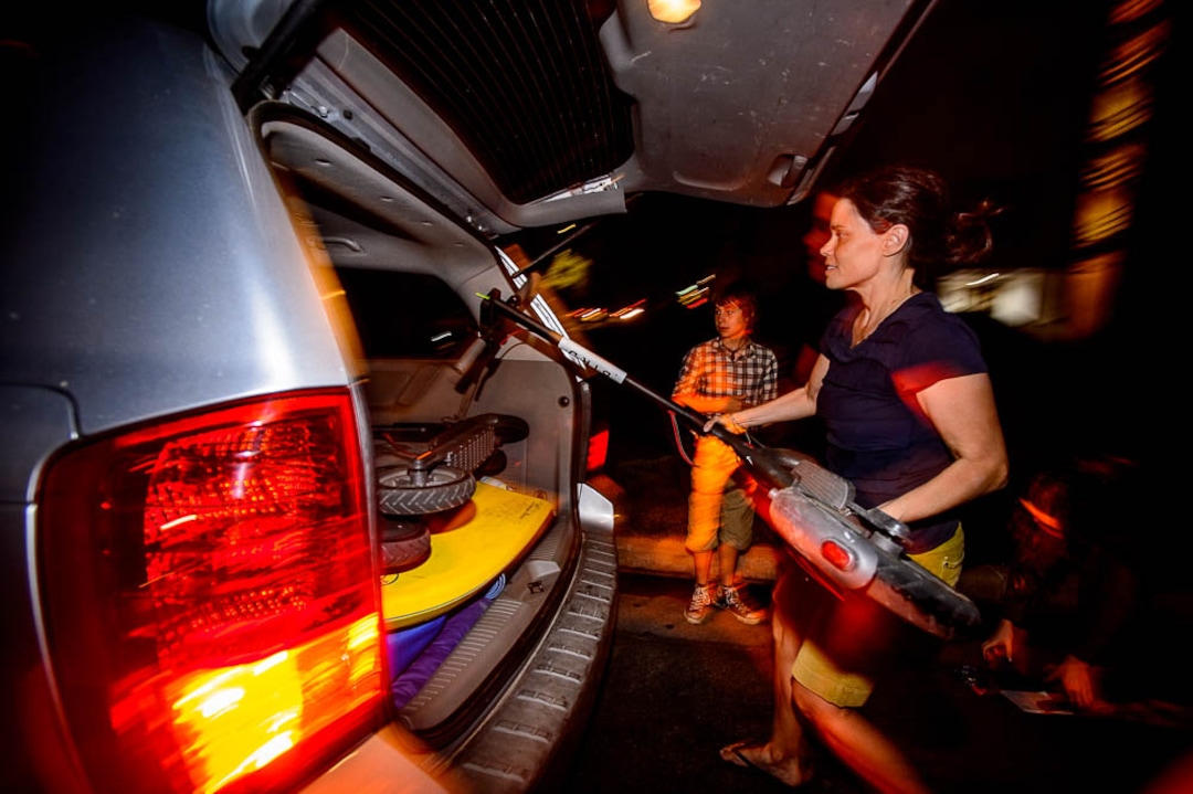(Trent Nelson | The Salt Lake Tribune) Jenn Hein loads scooters in Salt Lake City Tuesday Aug. 7, 2018. Hein works as a "Bird charger" on the side to make some extra cash, picking up and charging electric scooters overnight and returning them to the city streets in the early morning.