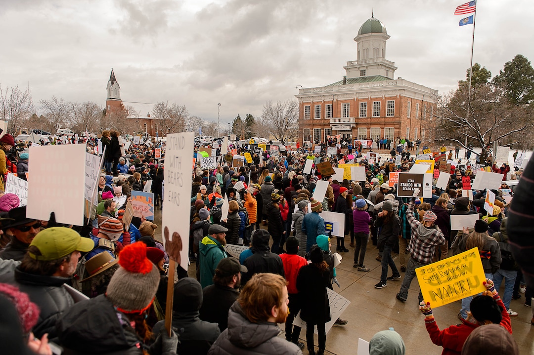 (Trent Nelson | The Salt Lake Tribune)  Protesters rally against a visit by President Donald Trump, Monday December 4, 2017.