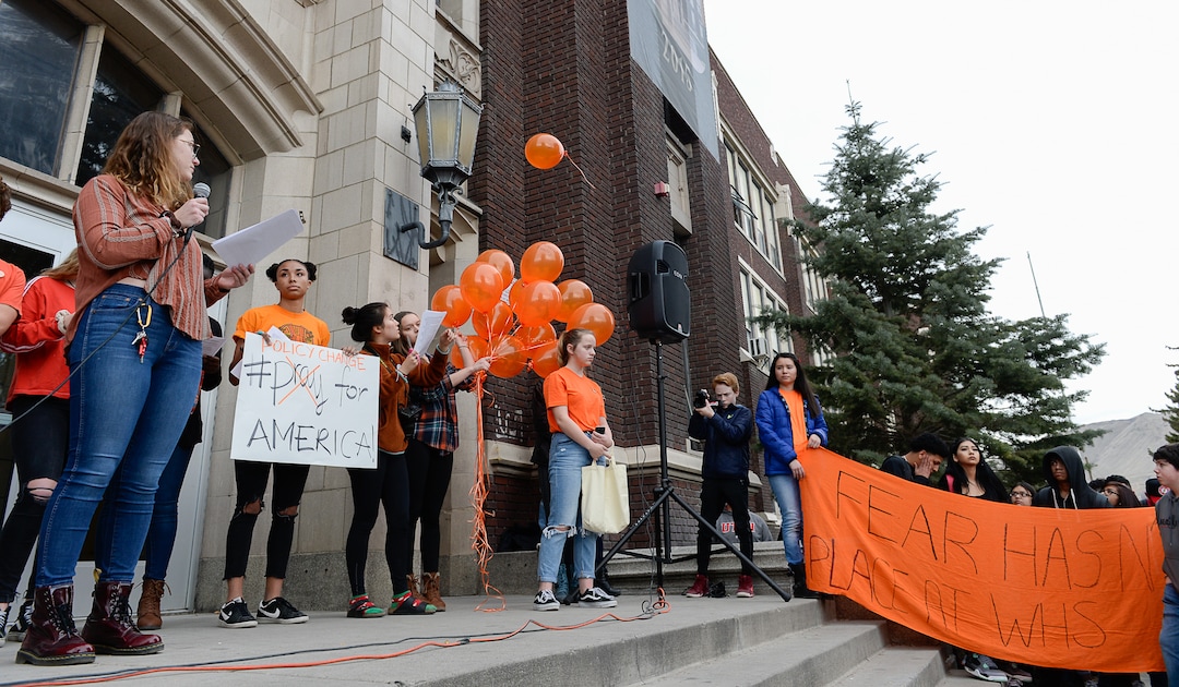 (Francisco Kjolseth  |  The Salt Lake Tribune)  Balloons representing the 17 killed in last month's mass shooting at Marjory Stoneman Douglas High School in Parkland, Fla., are released by West High School students in Salt Lake, during a student walkout on Wed. March 14, 2018. Students in Utah and around the country planned the large-scale coordinated demonstration to protest gun violence. 