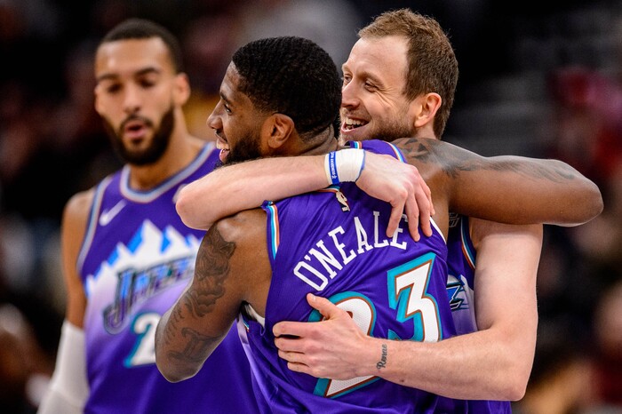 (Trent Nelson  |  The Salt Lake Tribune) Utah Jazz forward Joe Ingles (2) and Utah Jazz forward Royce O'Neale (23) embrace after an Ingles three-pointer as the Utah Jazz host the Portland Trail Blazers, NBA basketball in Salt Lake City on Thursday, Dec. 26, 2019.