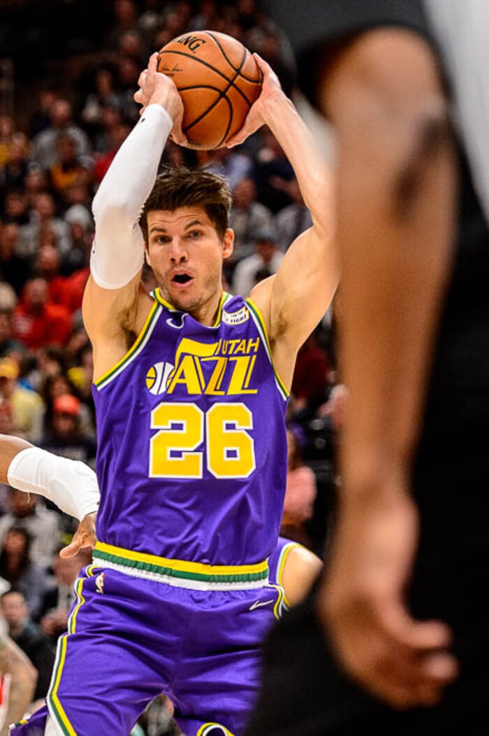 (Trent Nelson | The Salt Lake Tribune)  
Utah Jazz guard Kyle Korver (26) rebounds. The Utah Jazz host the Houston Rockets, NBA basketball in Salt Lake City on Thursday Dec. 6, 2018.