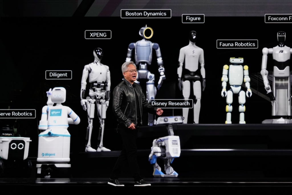 Nvidia CEO Jensen Huang speaks during an Nvidia conference focusing on artificial intelligence in San Jose, Calif., Monday, March 16, 2026. (AP Photo/Godofredo A. Vásquez)