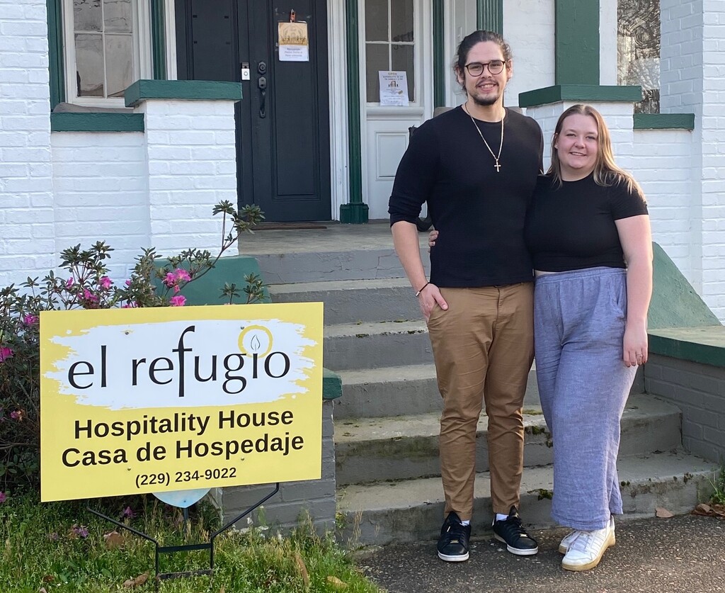 (Lopez family) Angel and Shelby Lopez pose outside El Refugio (a hospitality house in Georgia) creators of the podcast “Solo Éramos Niños (We Were Just Kids)," which looks back on the Swift raids at meatpacking plants in six states in 2006, and the aftermath and trauma on the families affected by them.