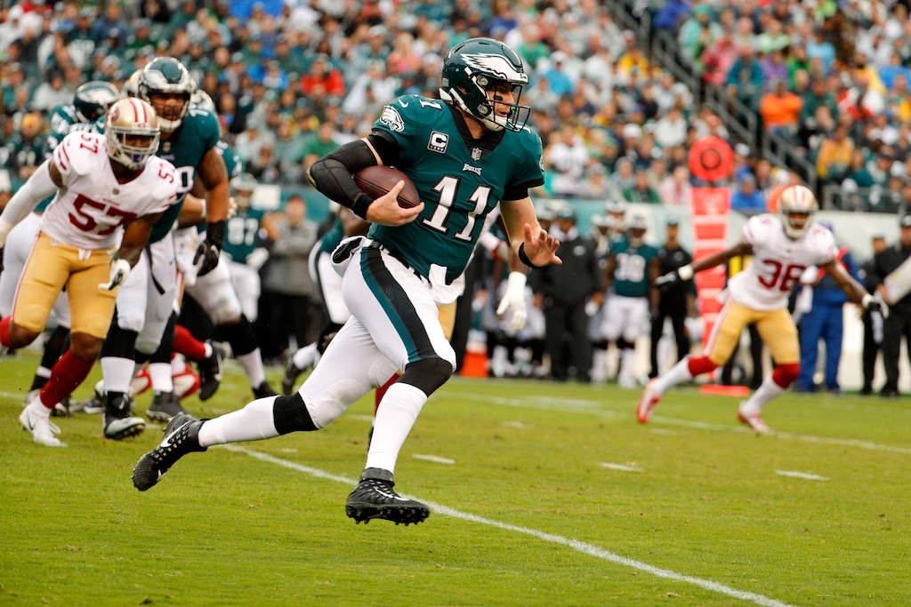 Philadelphia Eagles quarterback Carson Wentz (11) runs the ball during the first half of an NFL football game against the San Francisco 49ers, Sunday, Oct. 29, 2017, in Philadelphia. (AP Photo/Chris Szagola)