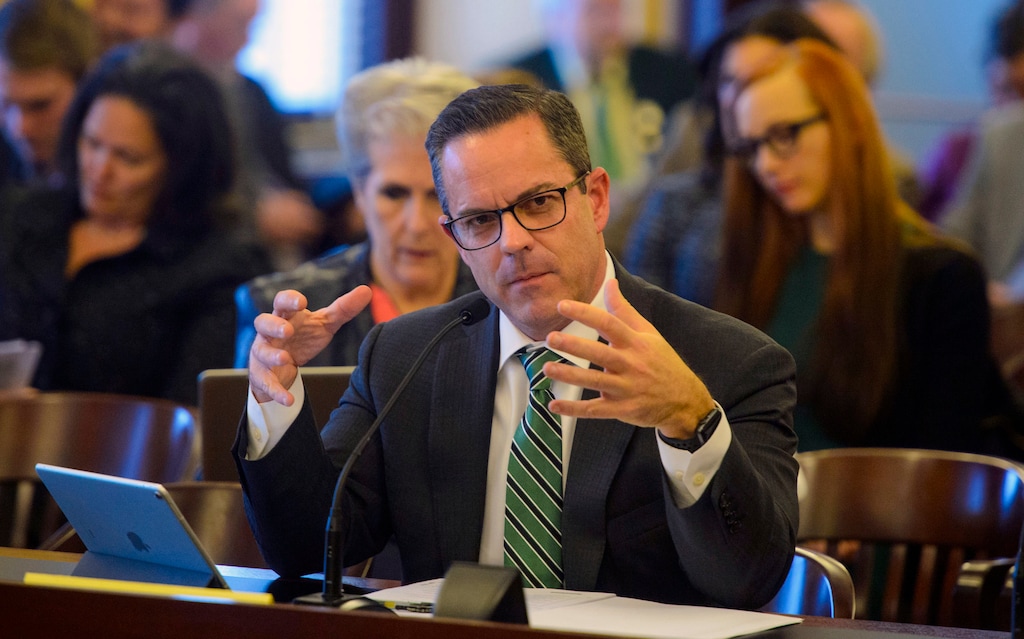 (Steve Griffin  |  The Salt Lake Tribune) Rep. Brad R. Wilson, R-Kaysville, talks about HB456, a bill that modifies provisions related to the regulation of alcoholic beverages, during the House Business and Labor Standing Committee meeting at the State capitol in Salt Lake City Monday Feb. 26, 2018.