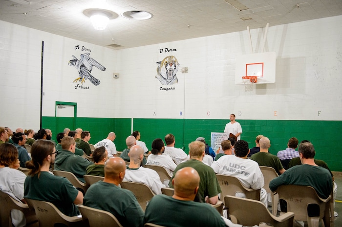 (Trent Nelson | The Salt Lake Tribune)
Jeffery Hunt, an inmate at the Utah State Prison, delivers a speech at a meeting of the New Visions Speech Club in the prison's Promontory facility in Draper on Tuesday Dec. 3, 2019.