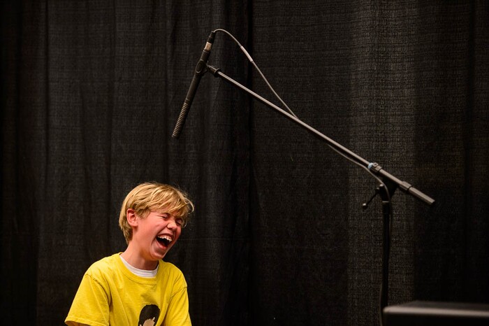 (Trent Nelson | The Salt Lake Tribune)  Oliver Downen can't stop laughing as he's about to scream  during a sound effects workshop at the Tumbleweeds Film Festival at The Leonardo Museum in Salt Lake City, Saturday March 3, 2018.