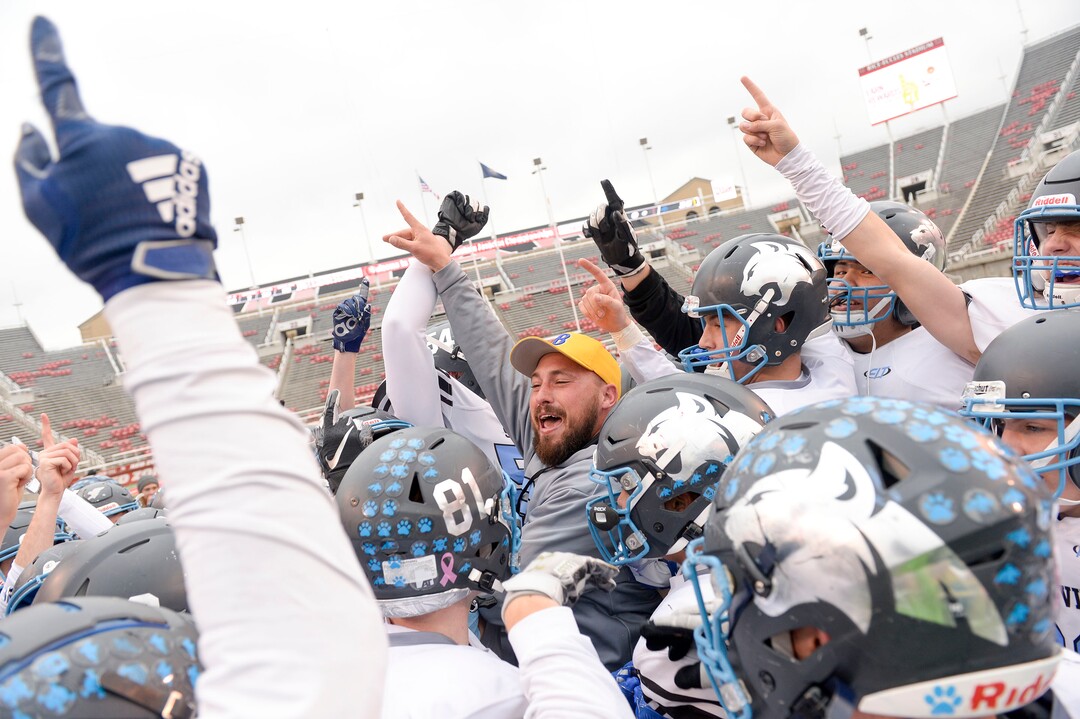 (Leah Hogsten  |  The Salt Lake Tribune) Sky View celebrates the win. Sky View High School defeated Park City 35-0 to win the 4A State Championship football title, Nov. 11, 2019 at Rice-Eccles Stadium.