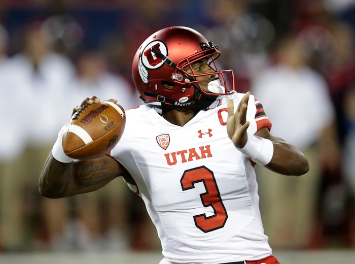 Utah quarterback Troy Williams (3) in the first half during an NCAA college football game against Arizona, Friday, Sept. 22, 2017, in Tucson, Ariz. (AP Photo/Rick Scuteri)