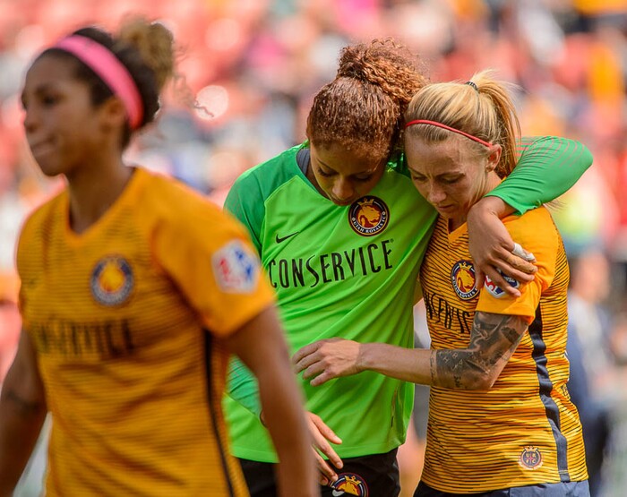 (Trent Nelson | The Salt Lake Tribune)  
Utah Royals FC hosts the Chicago Red Stars, at Rio Tinto Stadium in Sandy, Saturday April 14, 2018. Utah Royals FC goalkeeper Abby Smith (1) and Utah Royals FC midfielder Gunnhildur Jónsdóttir (23).
