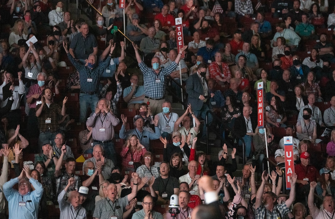(Francisco Kjolseth | The Salt Lake Tribune) Delegates attend the Utah Republican Party’s 2021 Organizing Convention at the Maverik Center in West Valley City on Saturday, May 1, 2021, as they return to an in-person format after the pandemic forced the nominating convention to go online last year.