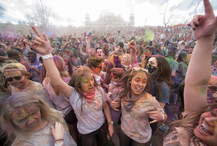 (Rick Egan  |  The Salt Lake Tribune)       Revelers dance to the sounds of Aakansha Bollypop, during the 22nd annual Holi Festival of Colors at the Sri Sri Radha Krishna Temple in Spanish Fork, Saturday, March 24, 2018. The festival which celebrates the beginning or spring is also known as at the Festival of Love.
