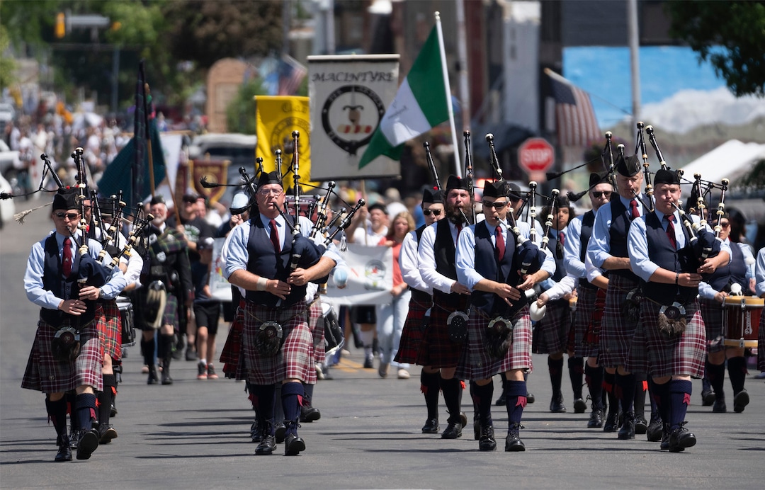 (Rick Egan | The Salt Lake Tribune) Wil Pipebands march up Main Street in Payson, during the Scottish Festival, on Saturday, July 9, 2022.