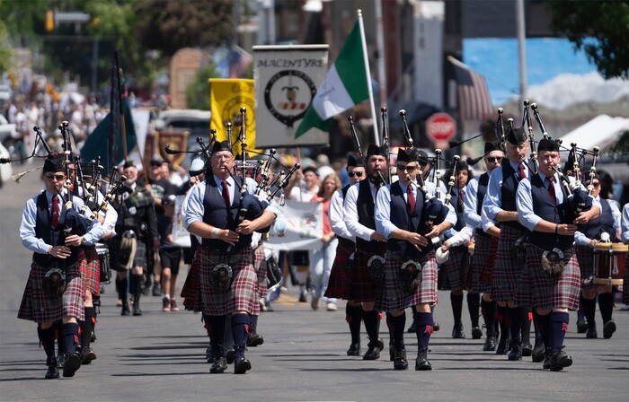 (Rick Egan | The Salt Lake Tribune) Wil Pipebands march up Main Street in Payson, during the Scottish Festival, on Saturday, July 9, 2022.
