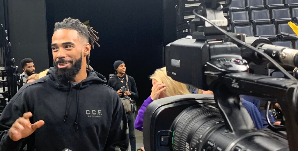 (Eric Walden  |  The Salt Lake Tribune) Jazz guard Mike Conley meets with members of the Memphis-based media, and greets Grizzlies employees and FedEx Forum workers upon his first return to city on Friday, Nov. 15, 2019.
