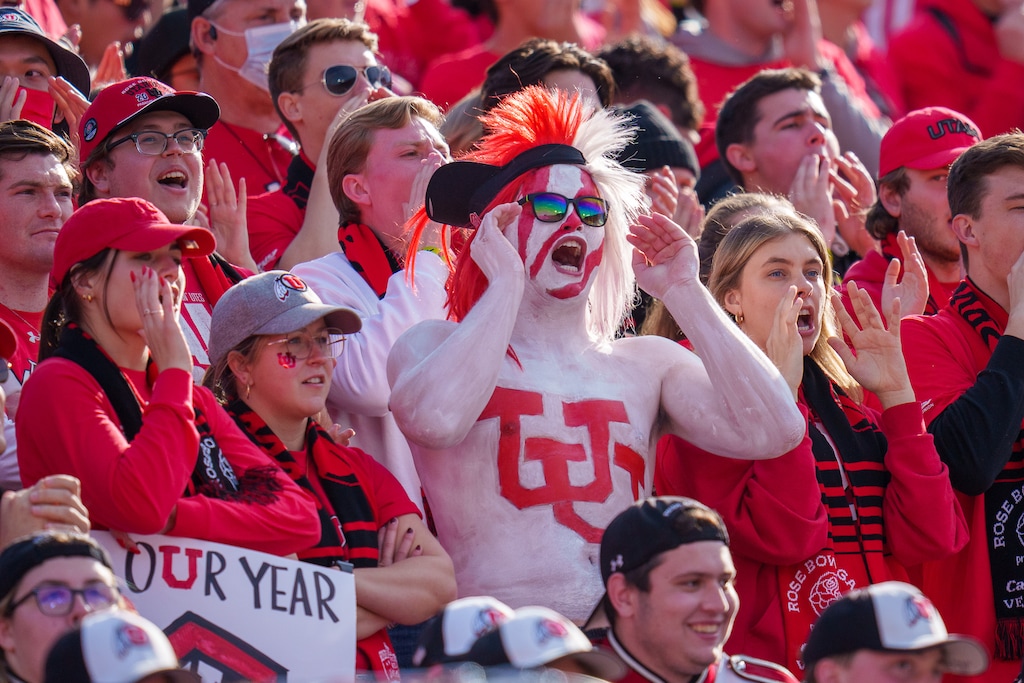 (Trent Nelson  |  The Salt Lake Tribune) Utah fans as the Utah Utes face the Ohio State Buckeyes at the Rose Bowl in Pasadena, Calif., on Saturday, Jan. 1, 2022.