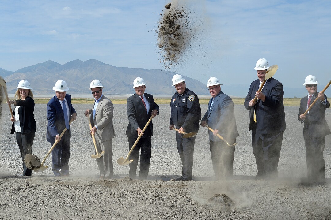 (Scott Sommerdorf   |  The Salt Lake Tribune)   Utah Governor Gary Herbert, center, turns dirt along with other dignitaries at the site of the new prison, Wednesday, August 16, 2017. Rep. Brad Wilson, R-Layton, is left of the Governor, and Utah Dept. of Corrections Executive Director Rollin Cook is to the right.