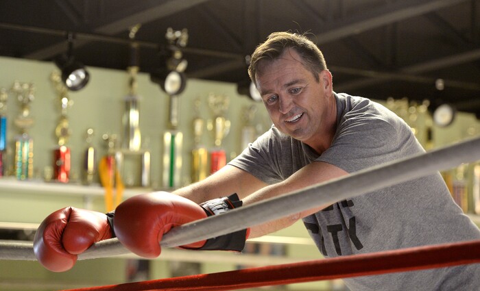 (Al Hartmann | The Salt Lake Tribune)
House Speaker Greg Hughes catches his breath after a sparing with Eddie "Flash" Newman during his workout at the Flash Academy gym in Holladay Tuesday August 29. He's among a handful of local politicians, police and lobbyists who will box in a series of charity matches to benefit a national group that works to end domestic violence.