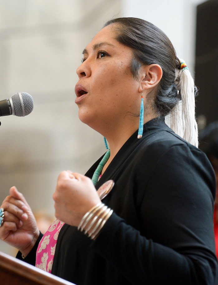 (Leah Hogsten | The Salt Lake Tribune) Davina Smith with Utah Diné Bikéyah speaks at the Amplifying Women's Voices rally to celebrate International Women's Day at the Utah State Capitol Rotunda, hosted by KRCL on Thursday, March 8, 2018.
