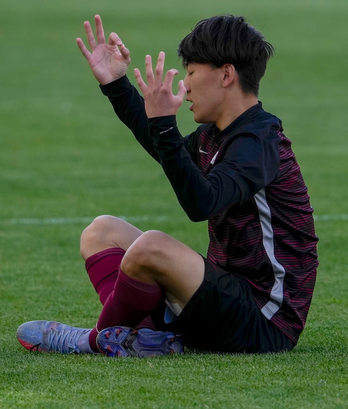 (Leah Hogsten | The Salt Lake Tribune) Layton Christian Academy's Felipe Harada (7) celebrates with teammates after scoring the team's first goal as Real Salt Lake Academy over Layton Christian Academy for the 3A State Soccer Championship title at Rio Tinto Stadium, Wednesday, May 11, 2022. Layton Christian Academy won the title 4-0. 
